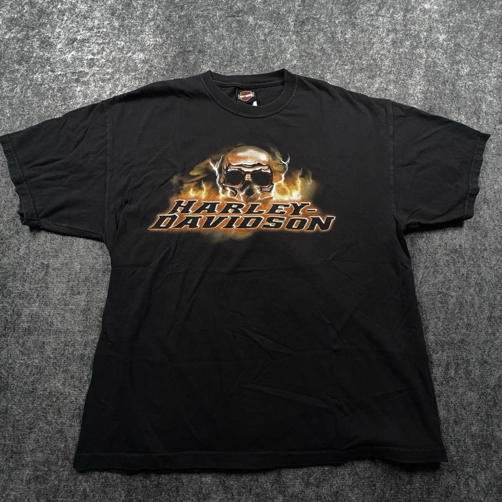 Vintage 2005 Harley Davidson T Shirt Mens XL Black Skull Flames Steel City USA